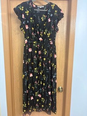 Emma & Michele Black Floral Wrap Maxi Dress with Pink & Yellow Blooms